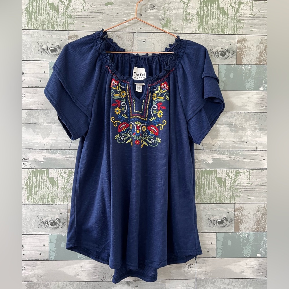 New York Laundry Blue Embroidered Top